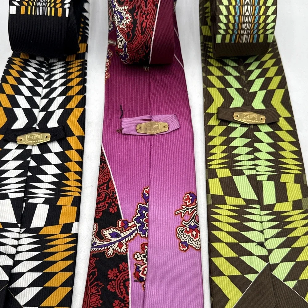 Steven Land Big Knot Silk Tie Black Gold White Geometric Art Deco Mens Necktie